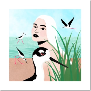 Girl on the shore with black-necked stilts Posters and Art